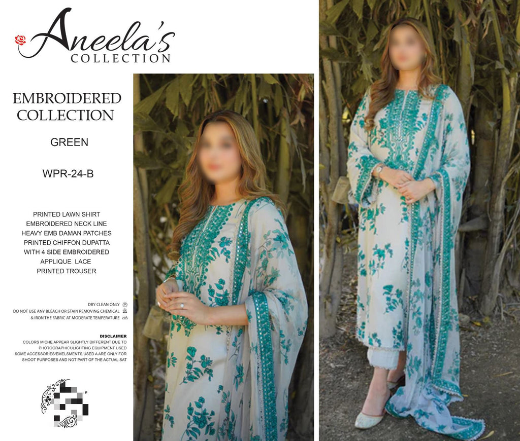 Aneela's Collection Unstitched Embroidered Lawn Suit -  (WFR-24-B)